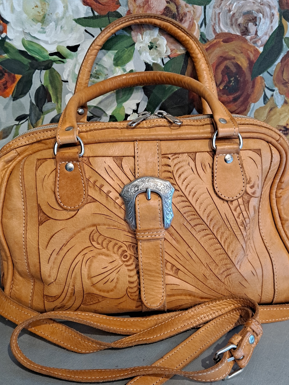Force Ten Classic Tan Handtooled Leather Satchel Handbag Crossbody Vintage